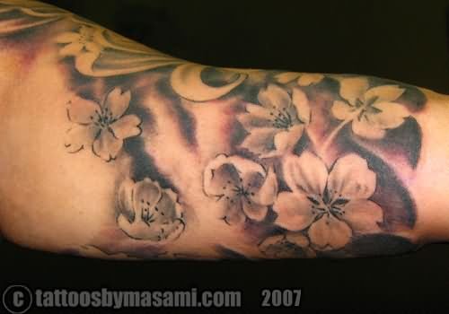 Grey Ink Cherry Blosoom Tattoos On Arm Sleeve